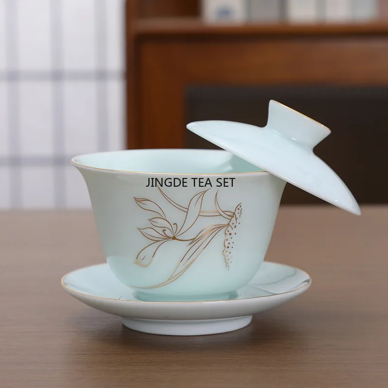 Hoverable Ceramic Single Lid Bowl Chinese Style Shadow Blue Gold Painting Kung Fu Tea Set Tea Making Bowl Porcelain Gaiwan