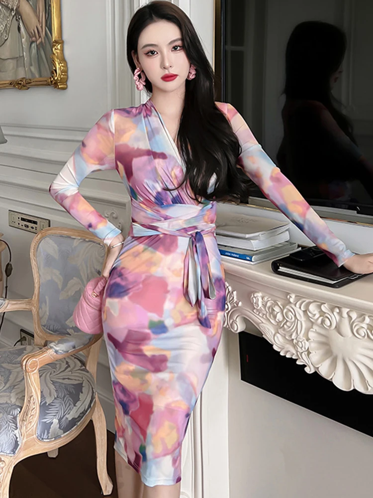 

Элегантное женское вечернее платье на весну-осень, официальное Сетчатое облегающее платье миди с запахом и V-образным вырезом для вечеринки, Пляжное эластичное платье, женское платье