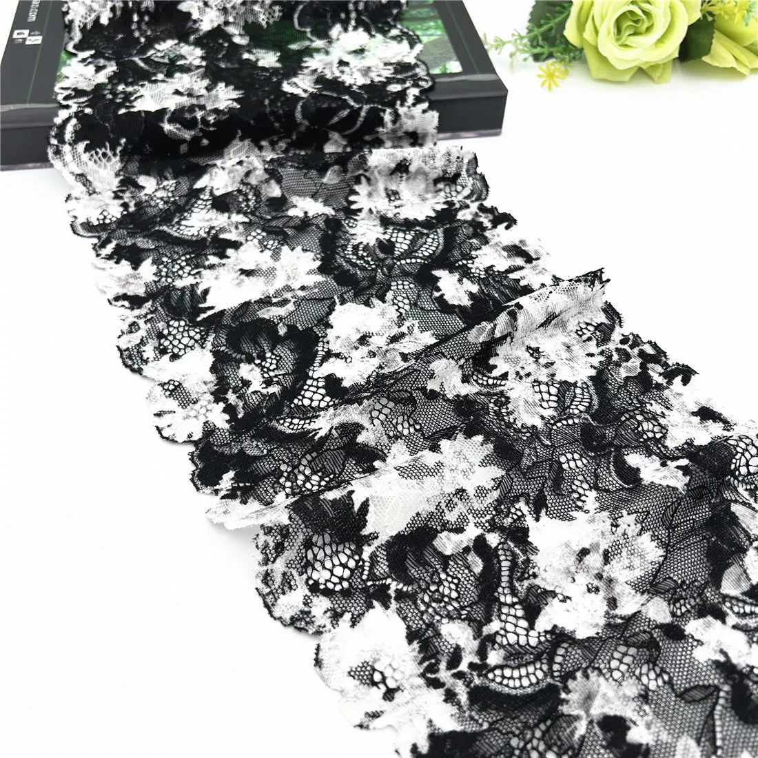 3y/lot Width18cm Mixed Black Floral Elastic Stretch Lace Trim 5