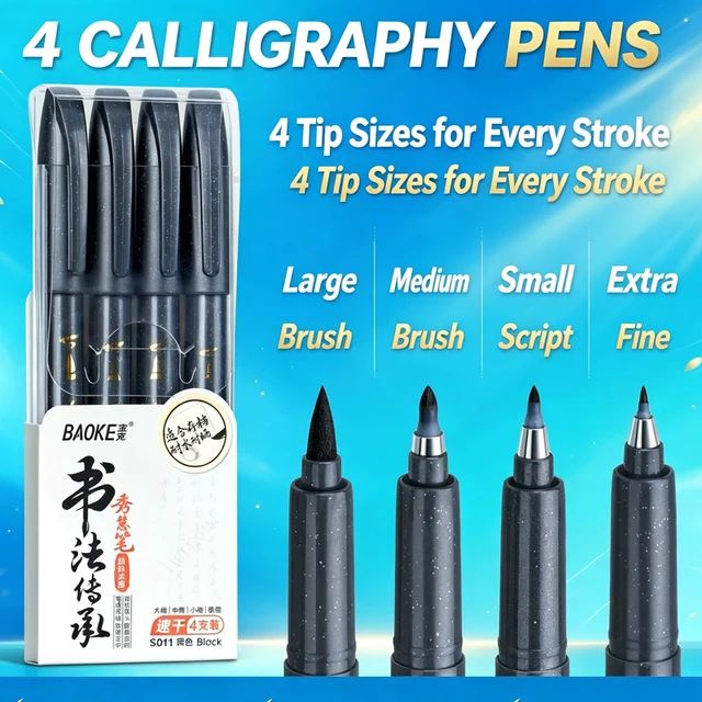 BAOKE 4Tips Calligraphy Pen Set for Writing, Drawing & Hand Lettering, Black Ink Brush Markers Sketching Art Supplies for Artist 1
