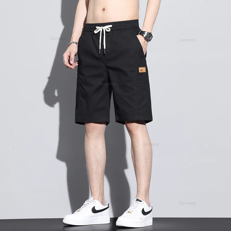 Yaz İpli Rahat Şort erkek Moda Pamuk Elastik Ordu Yeşil Gri Siyah Gevşek Düz Rahat Diz boyu Şort