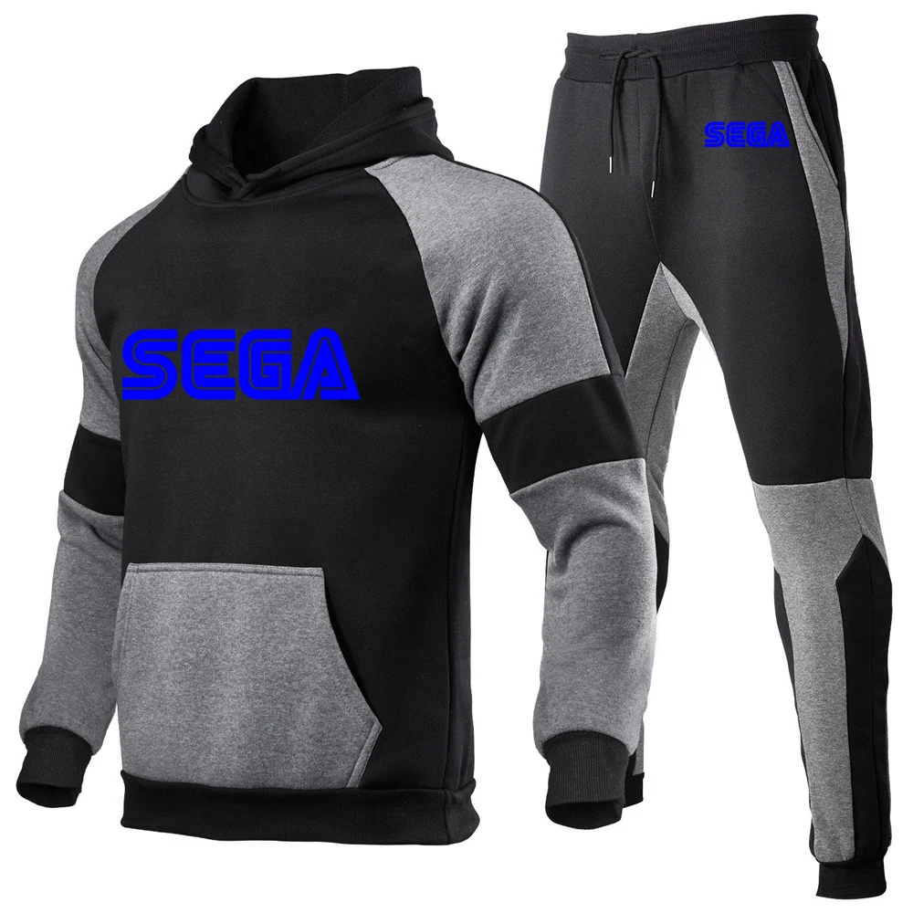 Sega 2023 Men New Spring Autumn Patchwork Hoodies Prints Tracksuit Sportswear Sweatshirt Tops+Sweatpants Casual Two Pieces Suit