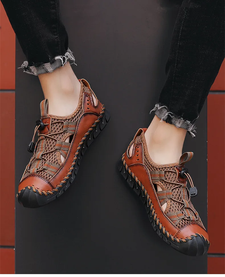 New Summer Breathable Men Sandals Fashion Roman Sandals Handmade Mesh Men Casual Shoes Platform Outdoor Men\'s Beach Sandals