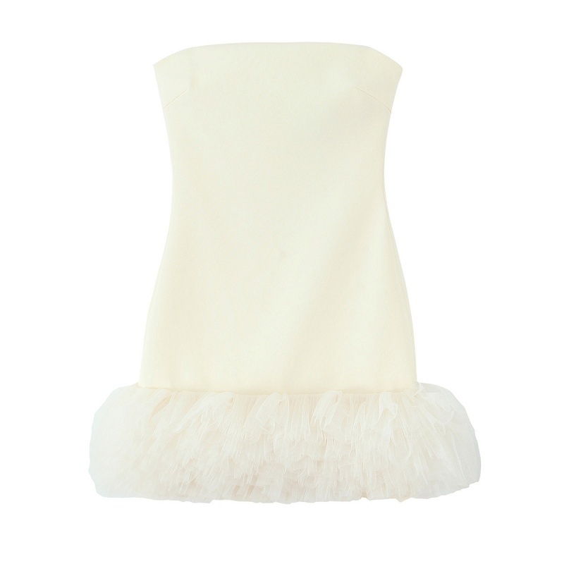 Women Light Yellow Mini Dress with Tulle Voluminous Hem Straight Neckline Off-the-shoulder Holiday Short Dresses