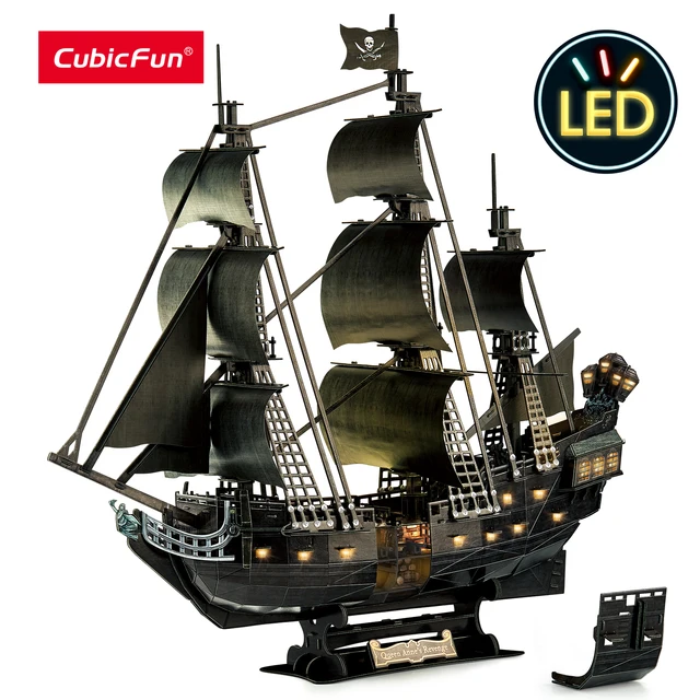 CubicFun LED 3D Puzzles UPGRADE Queen Anne's Revenge Pirate Ship Model Building Kits Sailboat Jigsaw Puzzles Toy for Adults 1