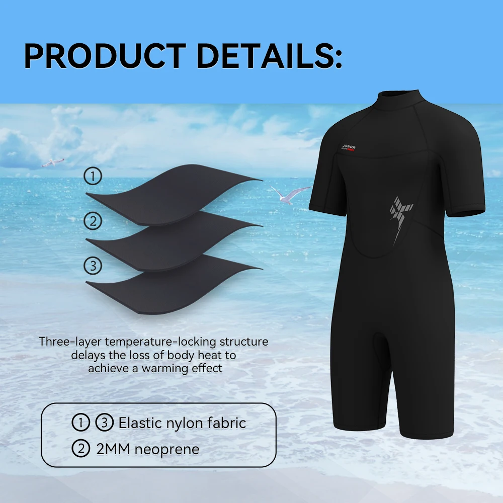 Men's 2MM Neoprene Shorty Wetsuit Back Zipper Short Sleeved Swimming Snorkeling Surfing Wading Drifting Wet Suit Warm Swimsuit