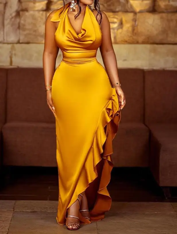 

Halter Cowl Neck Ruffles Fashion Sexy Backless Dresses for Women Sleeveless Satin Stretch Lace Up Slit Party Evening Maxi Dress