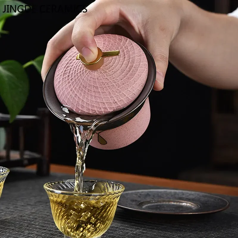 Chinese Style Ceramic Gaiwan Lotus Flower Tracing Gold Teacup Tea Bowl Household Retro Tea Set Handmade Infuser