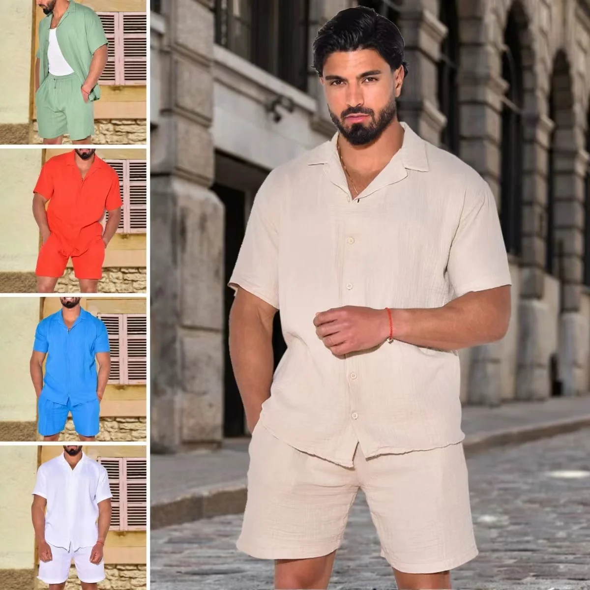 Casual Solid Color Men Cotton Linen Men's Outfits Short Sleeve Button Shirt Beach Shorts Two Set New Summer