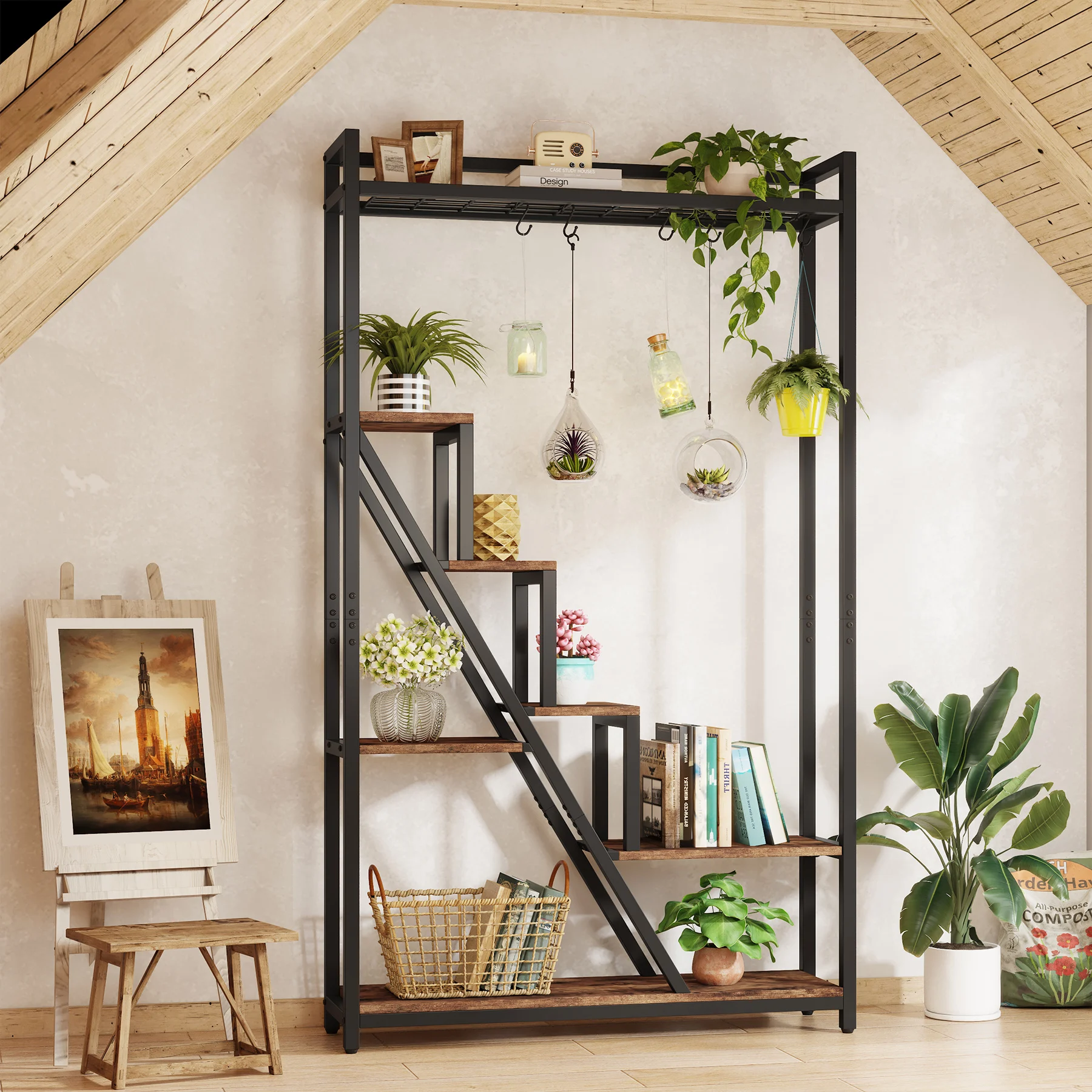 Tribesigns 70.9" Tall Indoor Plant Stand 7-Tier Large Plant Shelf 5 S-Hooks Industrial Wood Flower Stand Display Rack