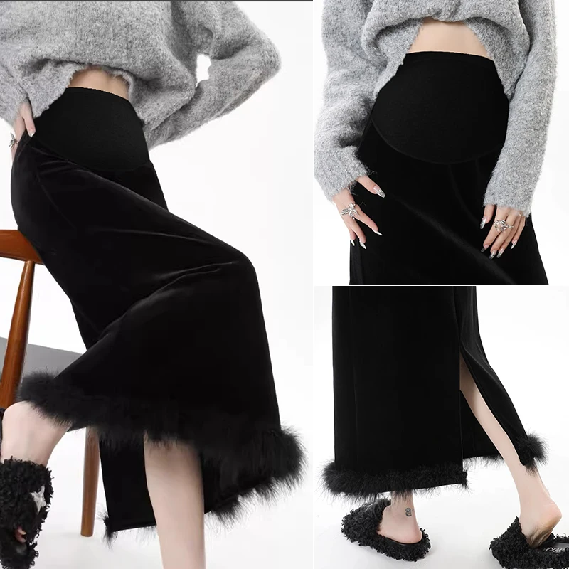 Autumn Winter Maternity Black Skirts Back Split Fur Hem Patchwork Pregnant Woman Straight Skirt Length 90cm