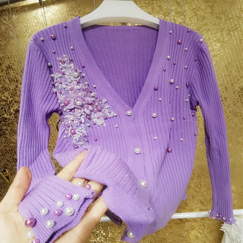 

Beading V-neck Knitted Cardigan Women Spring Flower Sequined Sunscreen Outwear