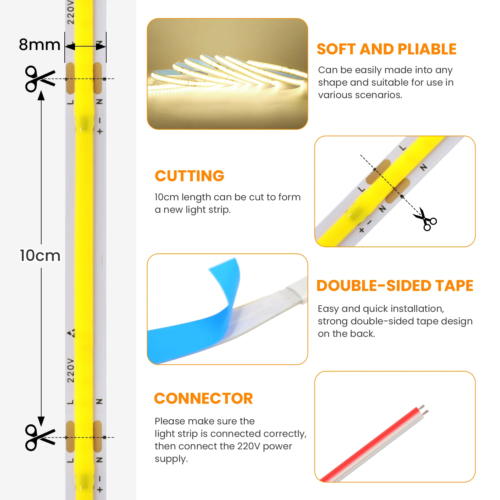 COB 스트립 AC 220V 10CM 컷 레드/아이스 블루/핑크/퍼플/그린/화이트 240LED 5M 10M 20M 50M/롤 IP20 방수 LED 라이트 아님