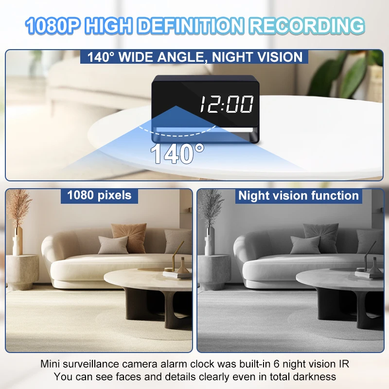 Mini 1080P Camera Clock Wireless Clocks Cameras HD WiFi Surveillance Security Cam Night Vision 12/24 Hour Detection Alert