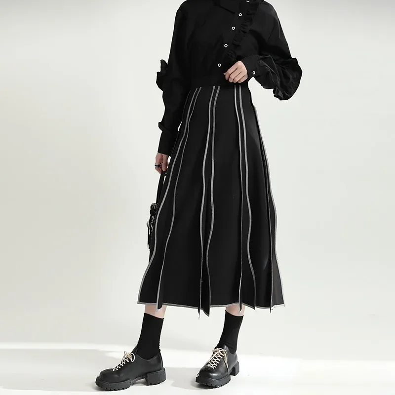 Autumn Irregular Wavy Skirts Women Retro Drape Simple High Waist A-Line Black Skorts Mid-Length Clothing Ladies Street trendy