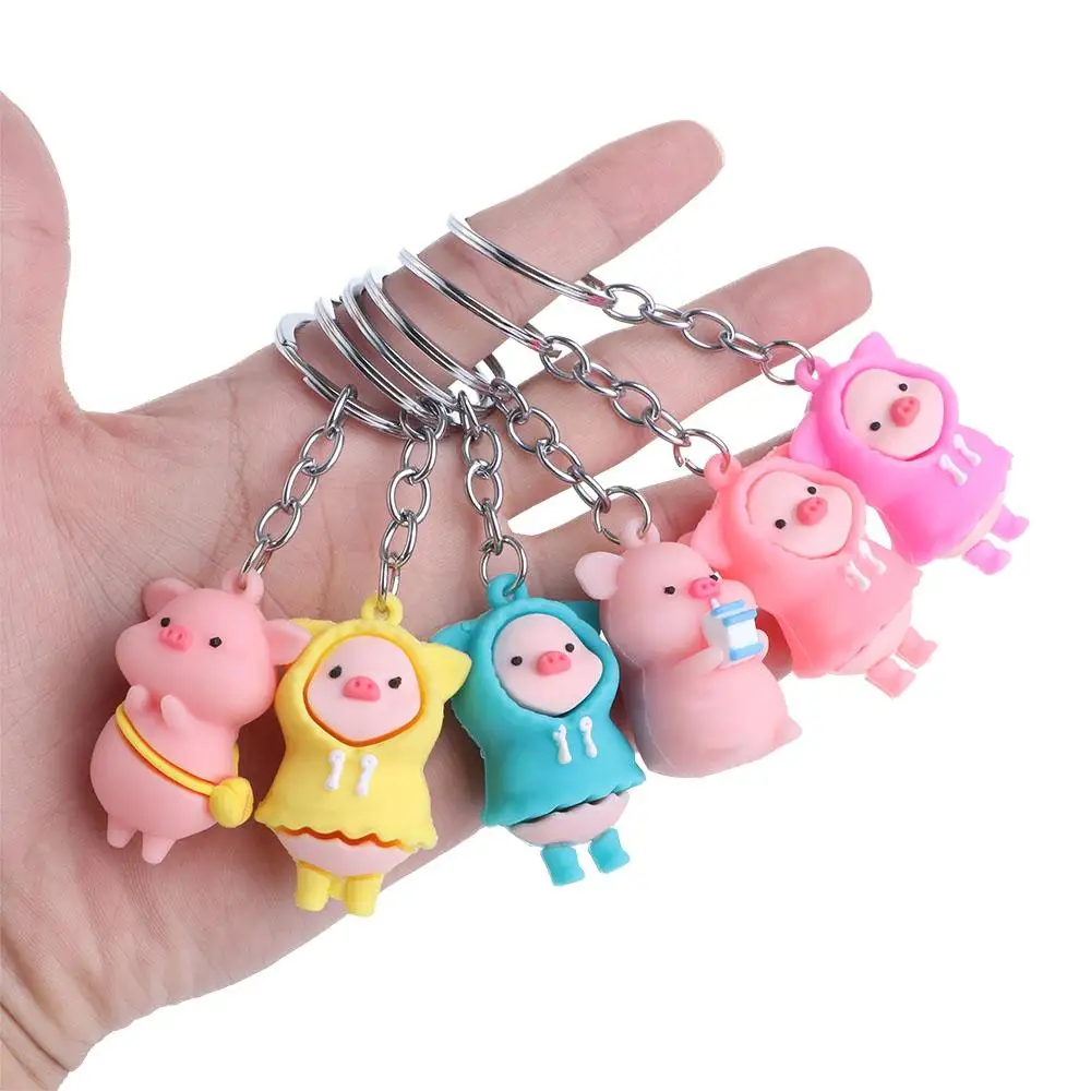 Cute Cartoon Raincoat Pig Doll Soft Rubber PVC Keychain Pink Yellow Blue Trinket Girls Boys Pendant Bag Bag Car Keyring Jewelry