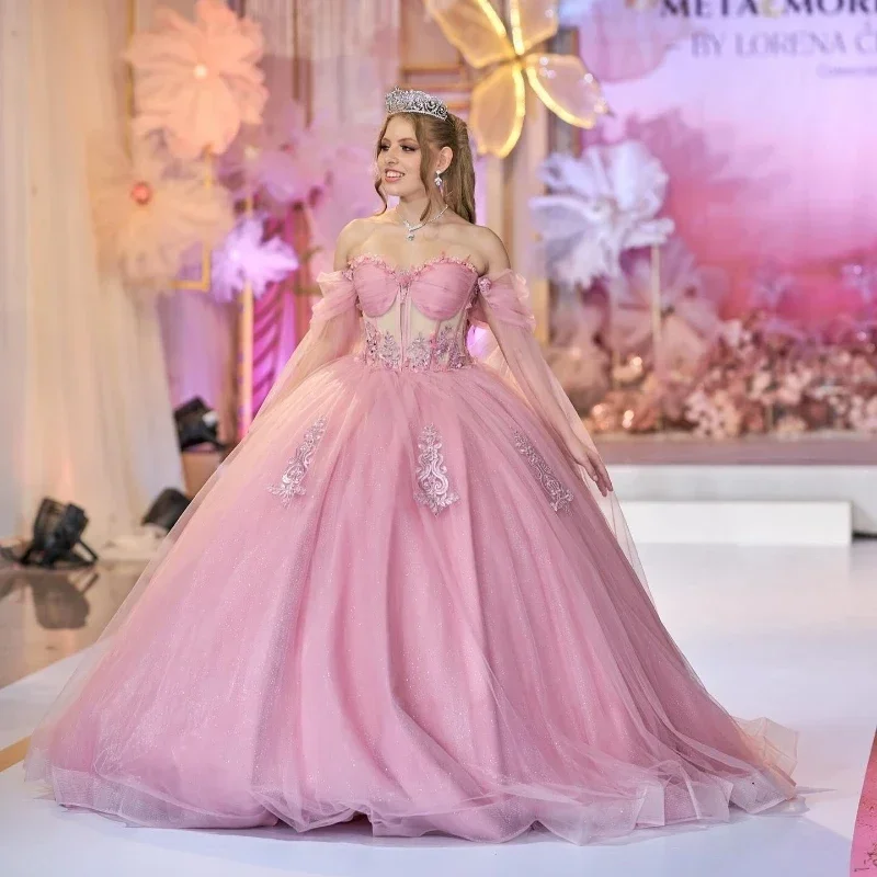 

Элегантное розовое бальное платье ANGELSBRIDEP, платье для Quinceanera, кружевное платье с аппликацией и накидкой, фатиновое платье принцессы 15 лет для дня рождения