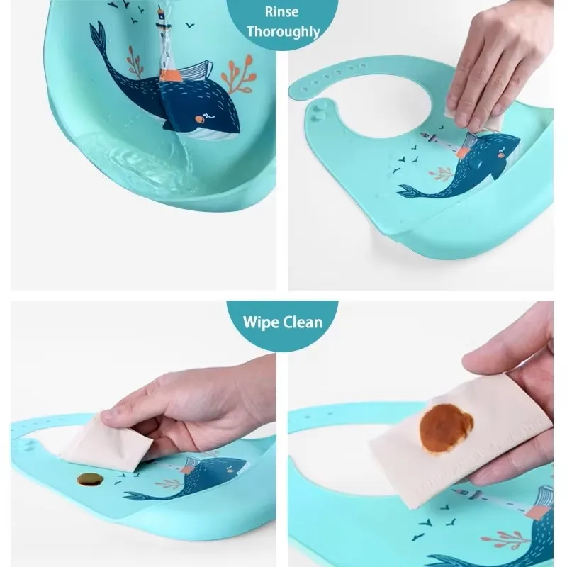 Waterproof Silicone Baby Bibs Adjustable Printed Design for Girls Boys Soft Leak-Proof Feeding Bibs BPA-Free