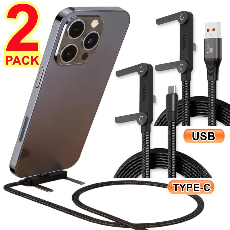 1/2Pcs 240W Fast Charging Cable with Foldable Phone Stand for iPhone 15 16 17 ProMax Samsung Xiaomi USB Type-C Charger Data Cord 1
