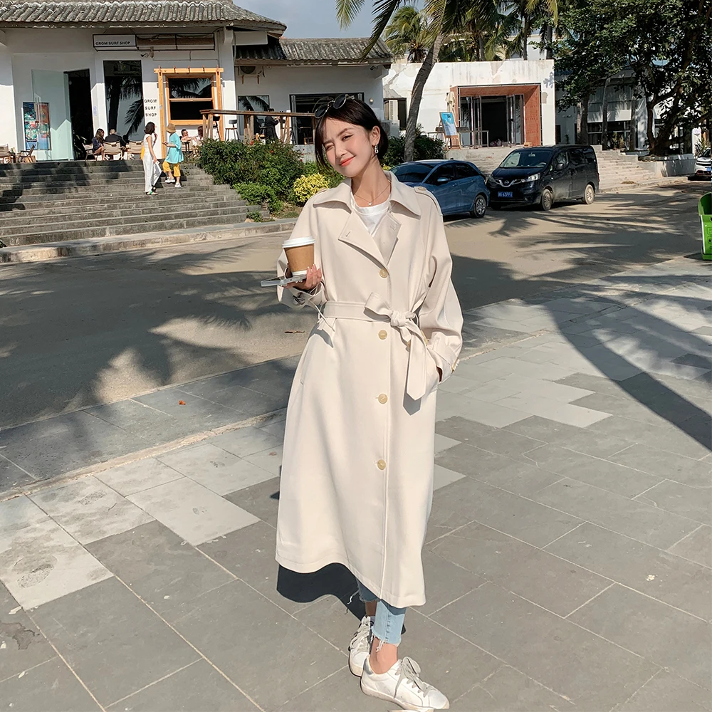 

Women Long Beige Trench Coat Overcoat 2024 Spring Autumn Elegant England Style Loose Single Breasted Belted Windbreaker W2004