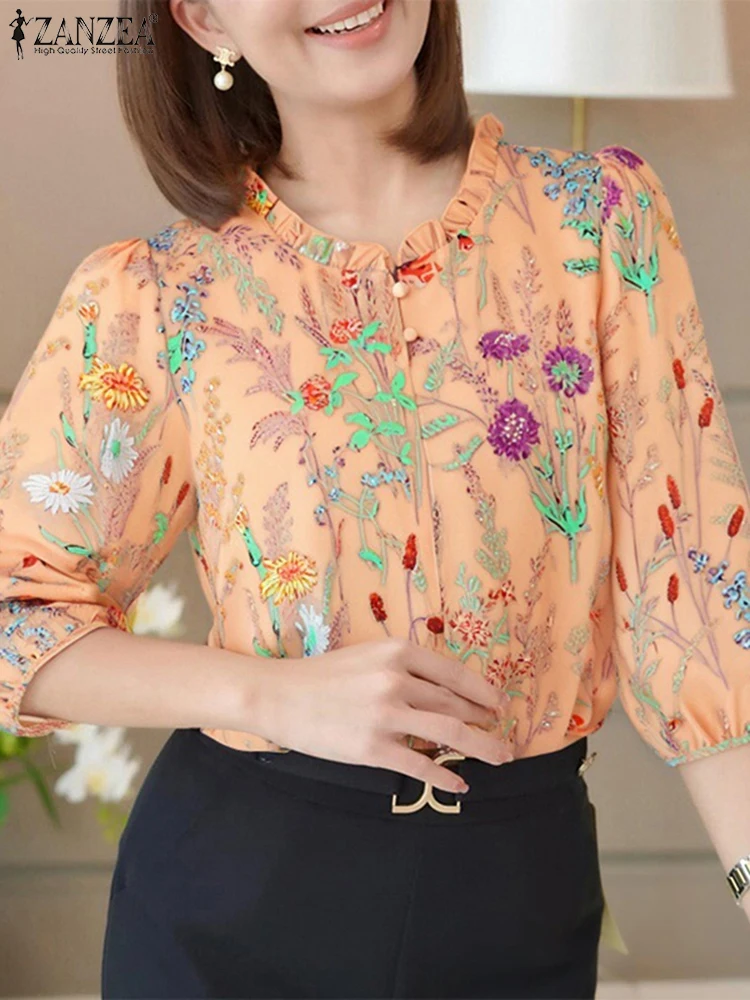 Women Floral Print Bohemian Blouse 3/4 Puff Sleeve Casual Top