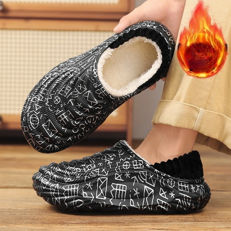 Mens Plush Clogs Winter Warm Cotton Slippers Waterproof Anti-slippery House Slides 2025 New Trendy Home Cotton Shoes for Men