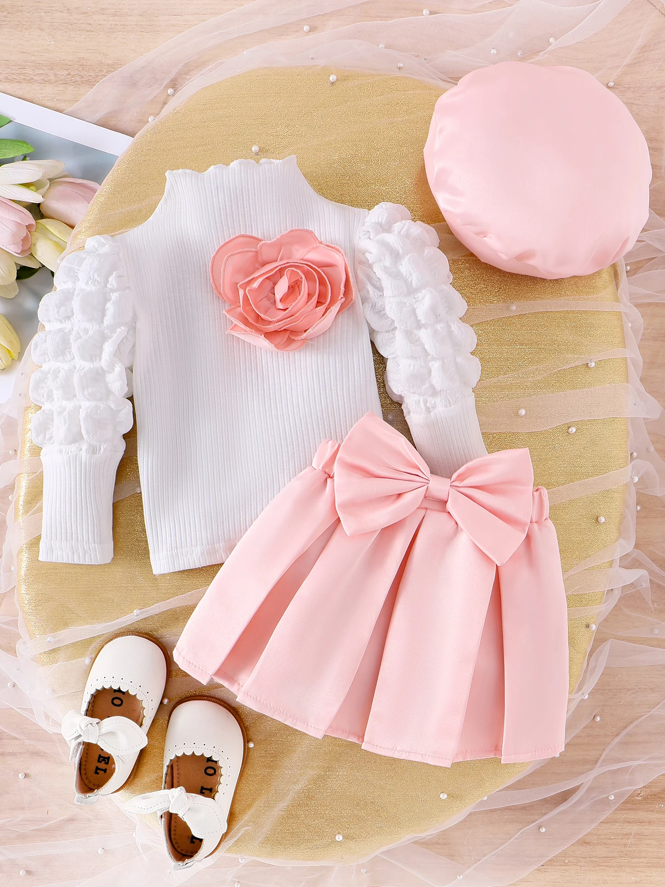 3PCS Autumn Outfit For 0-3 Year Old Girls Comfortable Sweet Bubble Sleeve Top Pink Pleated Skirt Hat Set