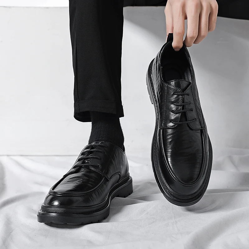 Men's round toe leather shoes Minimalist gentleman style Party Outdoor Wedding Leisure Business Walking Men's Shoes Plus Size 48