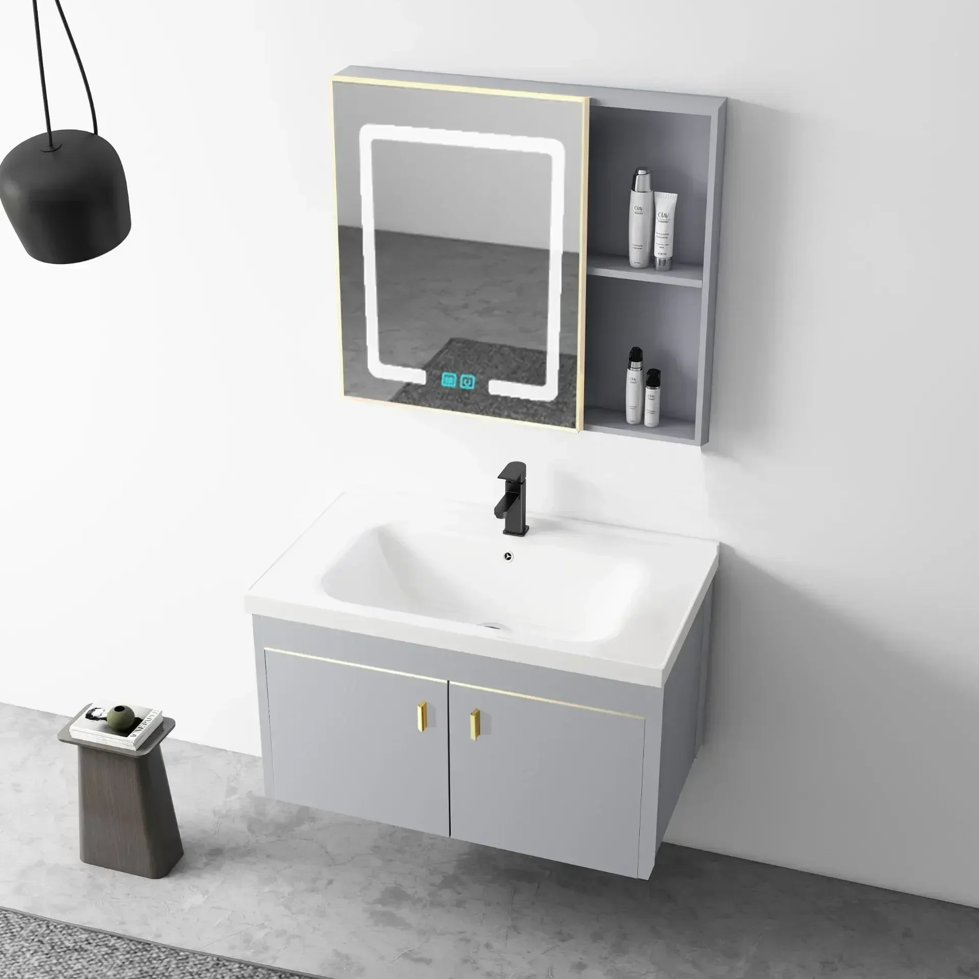 closet with modern vanity, washbasin accessories, makeup furniture organizer, wall-mounted items, luxury top washbasin