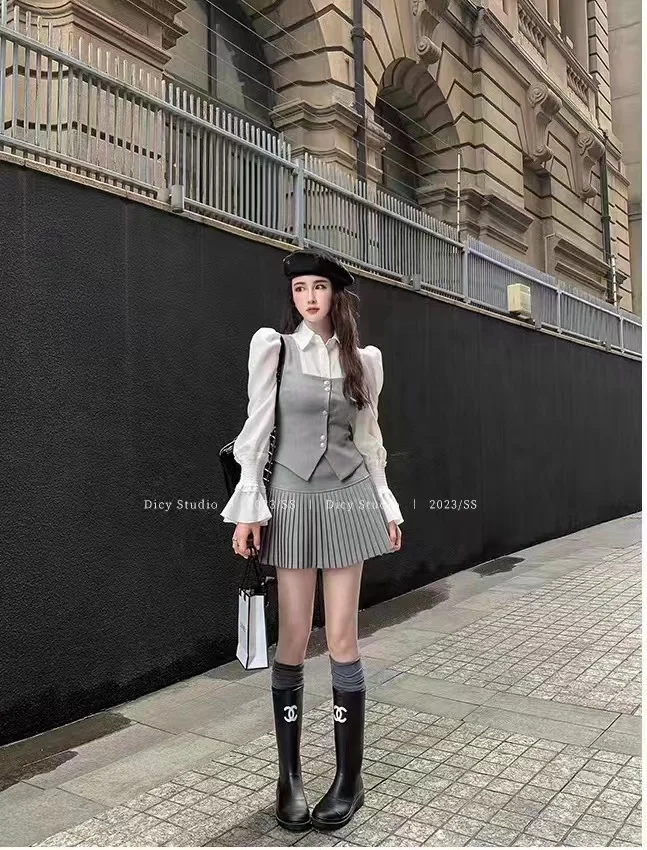 Sweet 3 Piece Set Women Flare Sleeve Shirt Square Collar Vest Pleated Mini Skirt Autumn Spring Solid Y2K Korean Chic Outfits New