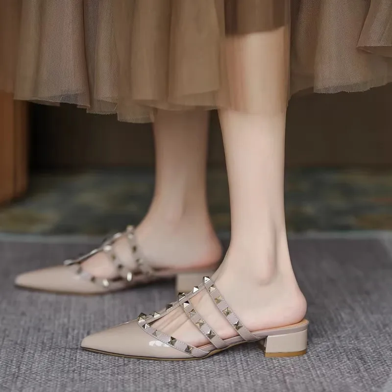 Shoes For Women Trend Luxury Leather Slippers Outdoor Summer Women Sandals Pointed Rivets High Heels Casual Women's Shoes women sandals,women high heels