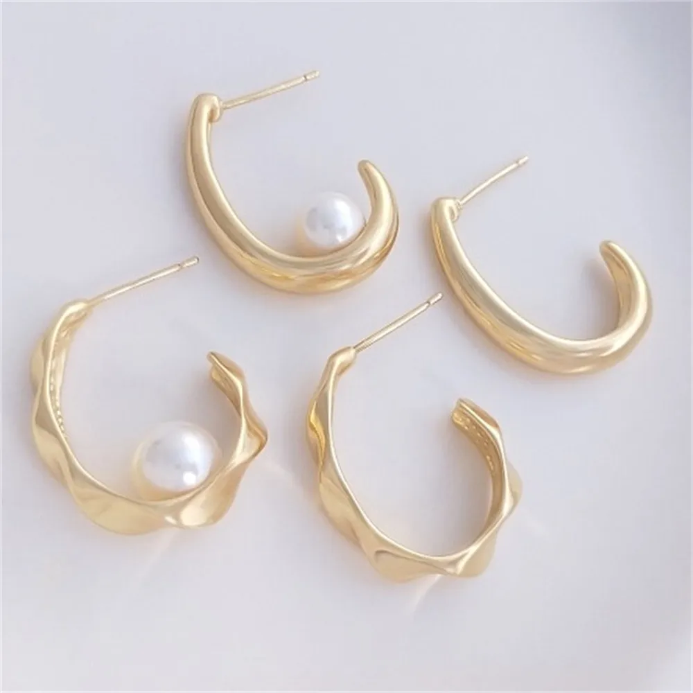 14K Gold Wrapped Korean C-shaped Fashionable Earrings with A Minimalist Temperament, French 925 Silver Needle DIY Earrings E171