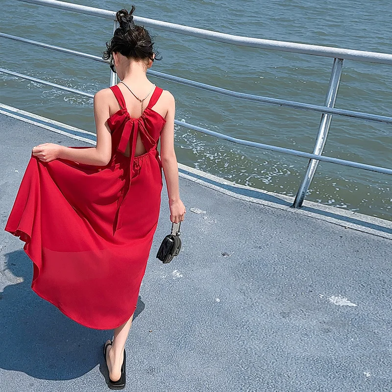 New vacation style junior girls long vest dress teenage kids Red hollow back strap sleeveless formal maxi dresses child clothes - Image 5