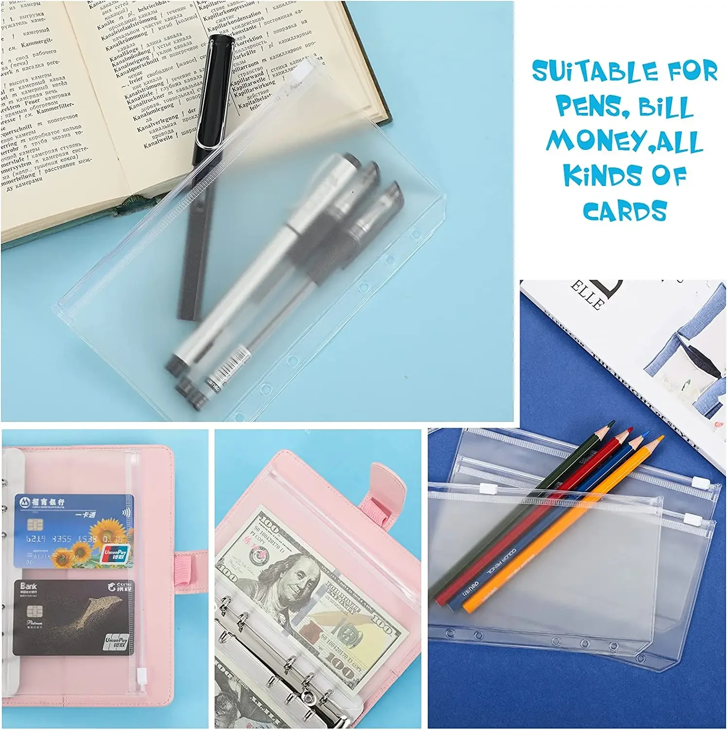 A6 6-Hole Binder Pockets Waterproof PVC Cash Budget Envelopes Zipper Binder Pouches for Notebook Planner Journey Binders