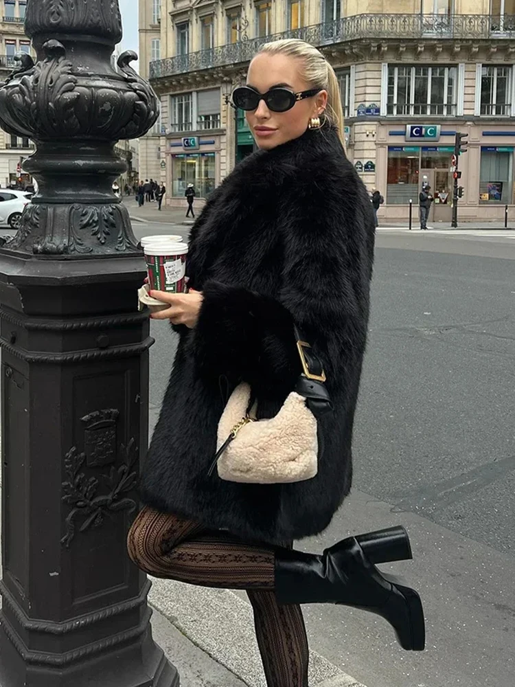 Black Thick Faux Fur Coats Women Vintage Loose Lapel Single