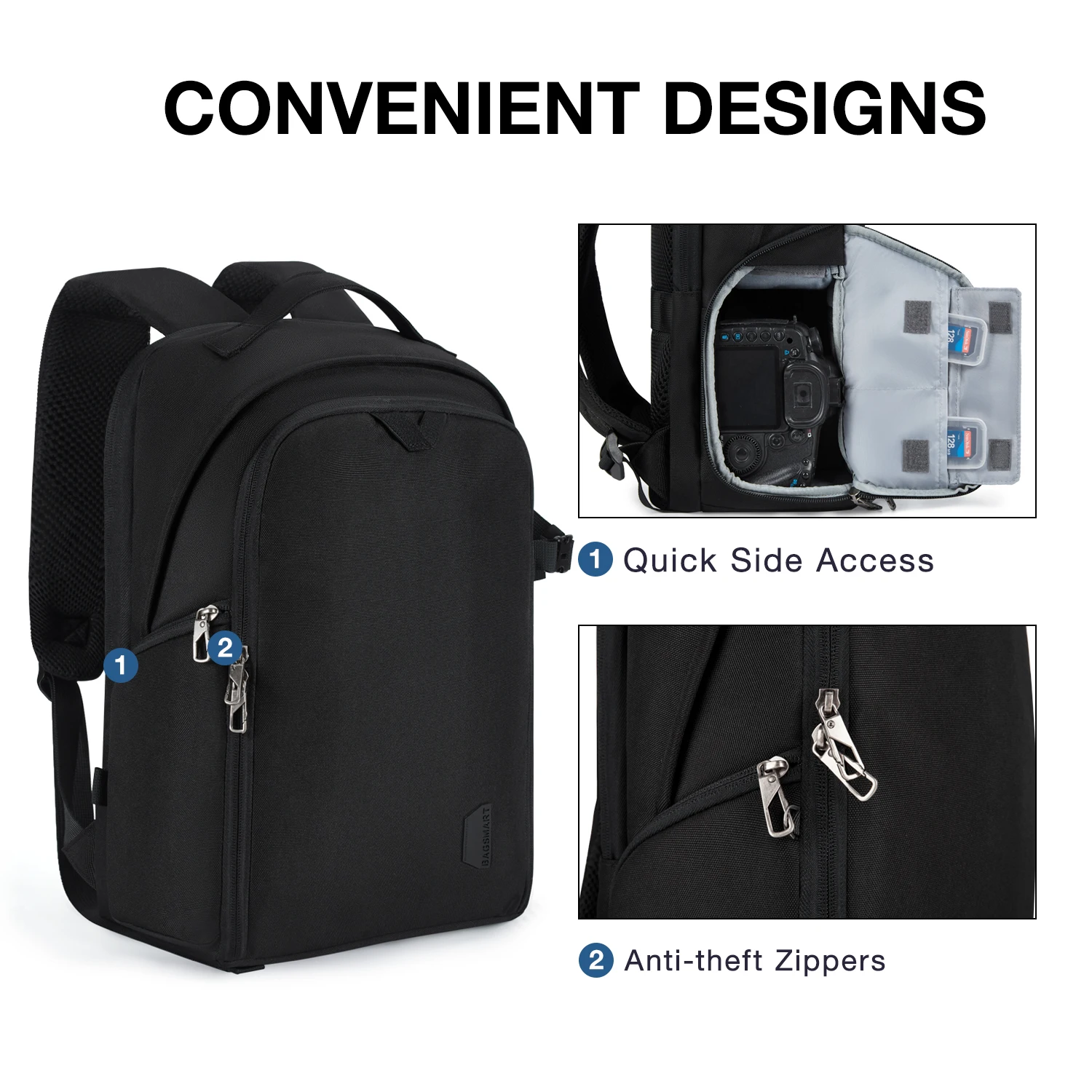 BAGSMART DSLR SLR 카메라 배낭, 레인 커버 포함, 남성용 방수 카메라 가방 케이스, 최대 15.6 인치 노트북 삼각대 거치대