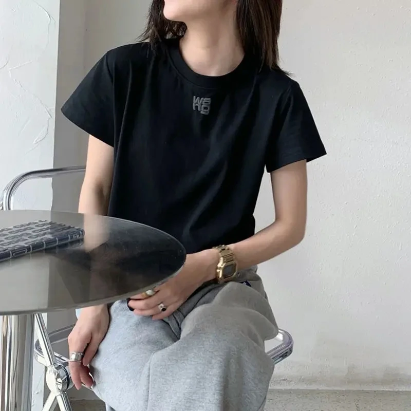 

Женская хлопковая футболка с коротким рукавом, однотонная универсальная облегающая футболка с круглым вырезом и принтом букв, Размер 4XL, лето 2024