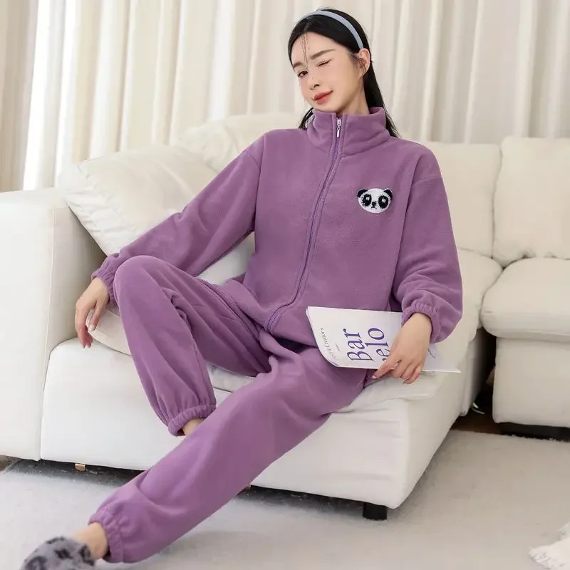 2024 Pajama Women's Autumn Winter Fleece Thickened Loungewear Plus-size Sweet Warm Sleepwear High-neck Loose Fleece Homewear