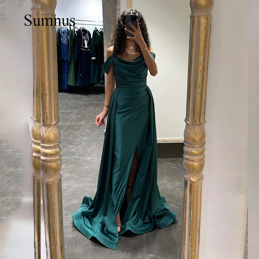 

SUMNUS Saudi Arabic Mermaid Off Shoulder Evening Dresses Pleats Satin Side Slit Dubai Wedding Party Dress Women Formal Prom Gown