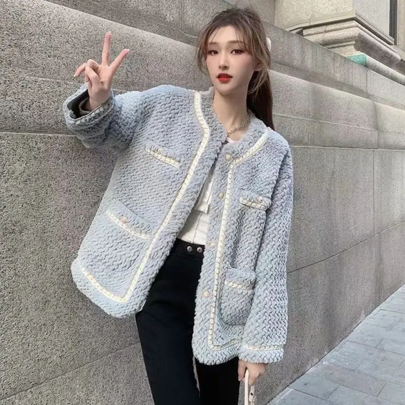 Women's Faux Fur Coat, Loose, Monochromatic, Short Lamb Wool Outwear, Casual, Round Collar, Thick, Warm, Female Fashion, Winter