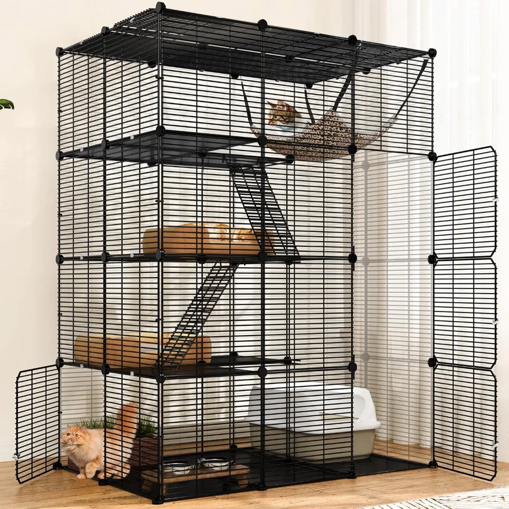 

4 Tier Cat Cage Large with Hammock Outdoor Cat Enclosure Catio Metal Kennels for 1-3 Cats, Indoor DIY Detachable Pet Playpen