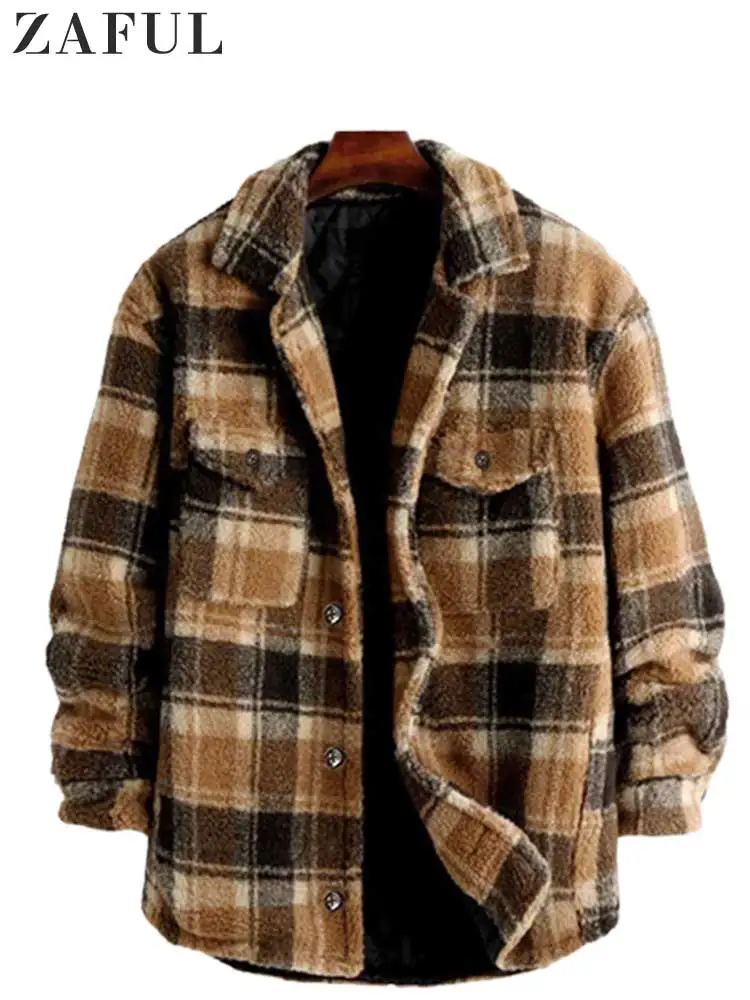 

ZAFUL Jacket for Men Plaid Fluffy Fleece Shirt Jacket with Pocket Button-up Faux Fur Sherpa Fall Winter Streetwear Topcoats NEW