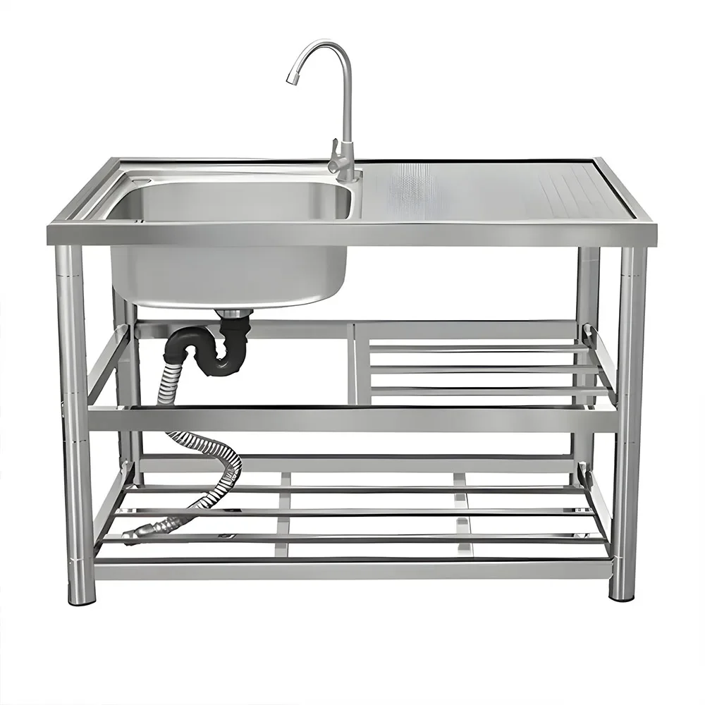 Luxury Fabricated Outdoor Free Standing Whole Body Stainless Steel 304 Kitchen Sink Wash Basin and Platform with Bracket