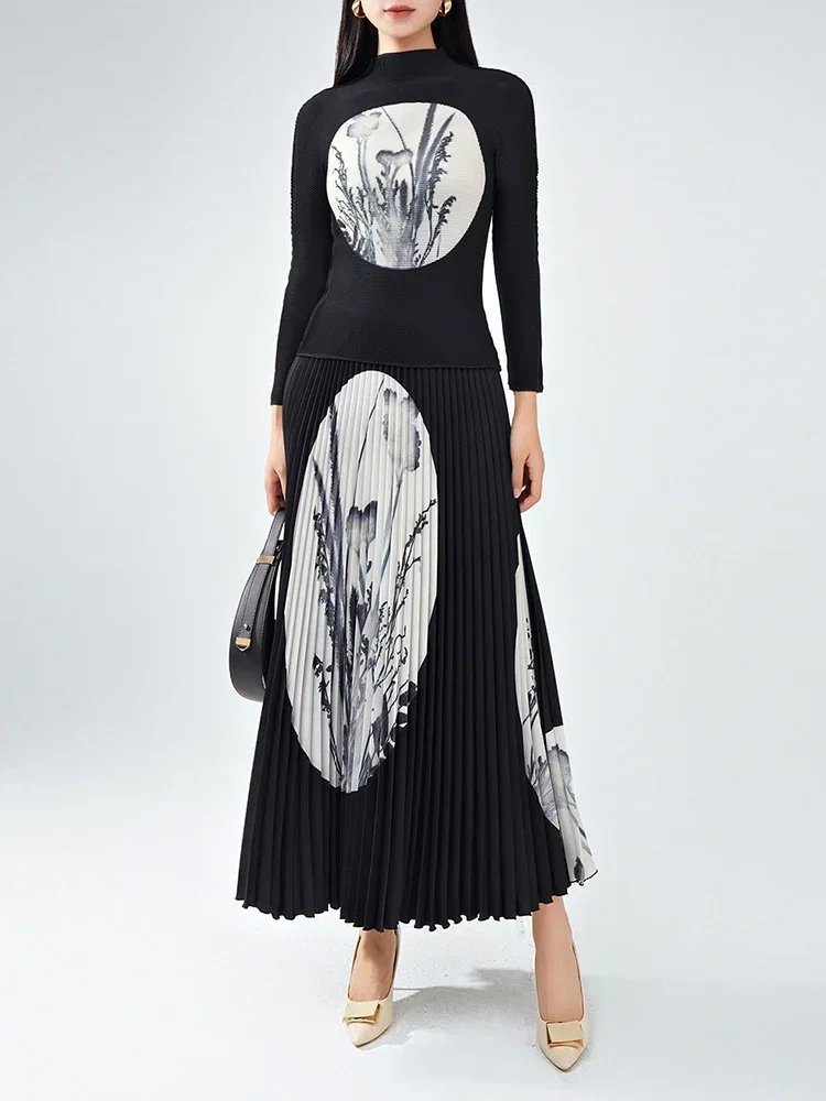 

Miyake Streetwear Print Pleated Set Women Long Sleeves T-shirt High Waist A- Line Skirt Fashion 2023 Autumn New Skirt Suit