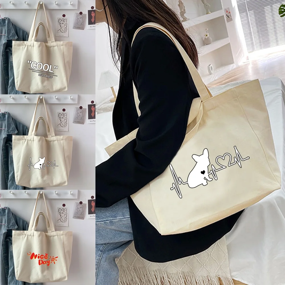 

Women's Shoulder Shopping Organizer Bags 2022 Canvas Food Printed Shopper Handbag Reusable Large Capacity Casual Tote Bags