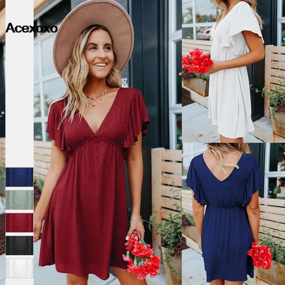 

Женское короткое платье с высокой талией, повседневное однотонное платье в европейском и американском стиле с глубоким V-образным вырезом, новинка весны-осени 2023