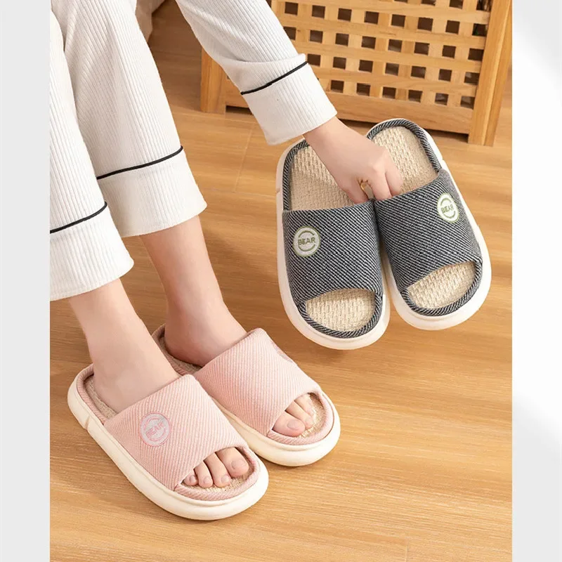 Couples Home Cotton Linen Slippers Women Indoor Bedroom Soft Slides Comfortable Men House Shoes Non-slip Breathable Flats 6