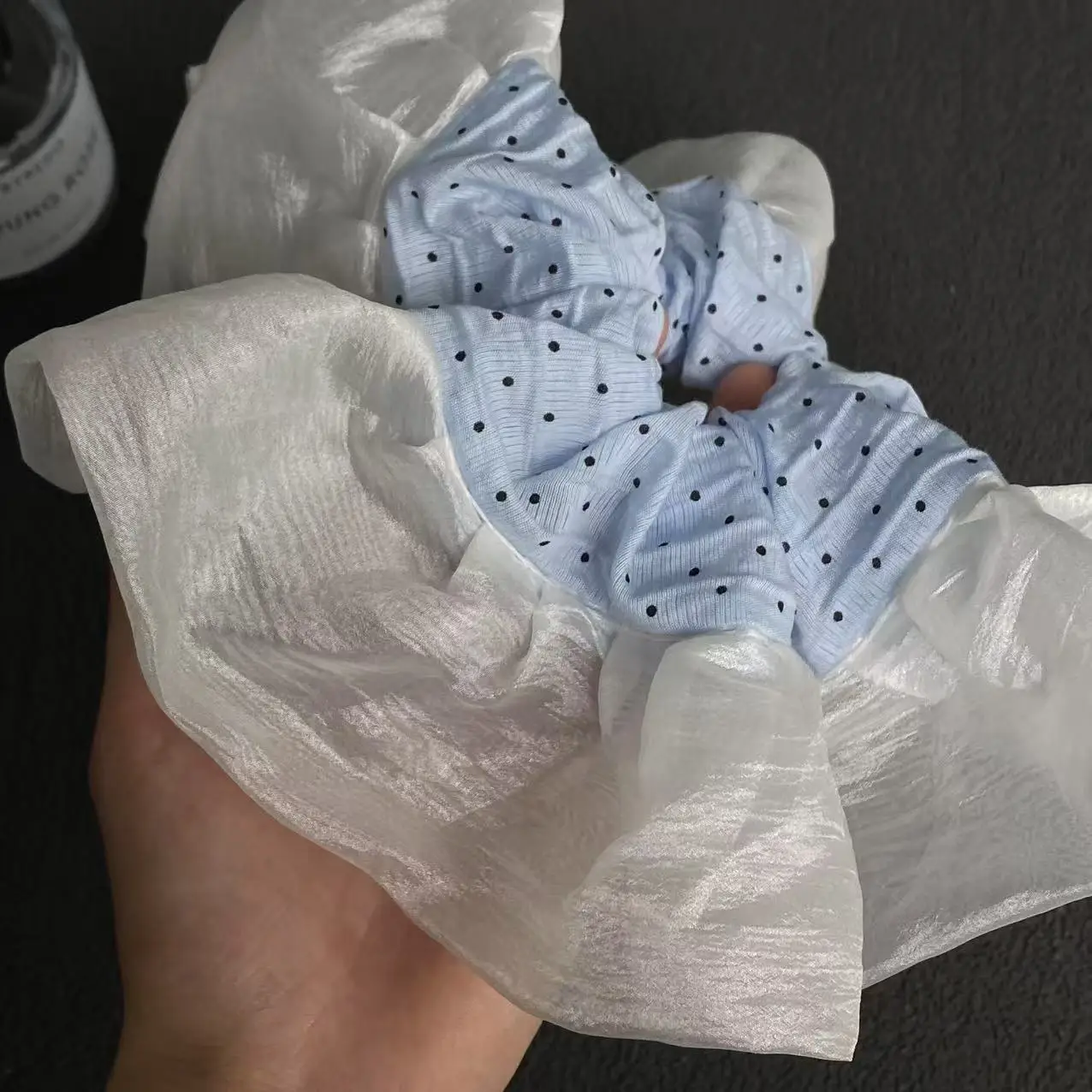 1PC Elegant Organza Hair Scrunchies With Blue Polka Dot Center, Romantic Hair Accessories For Women