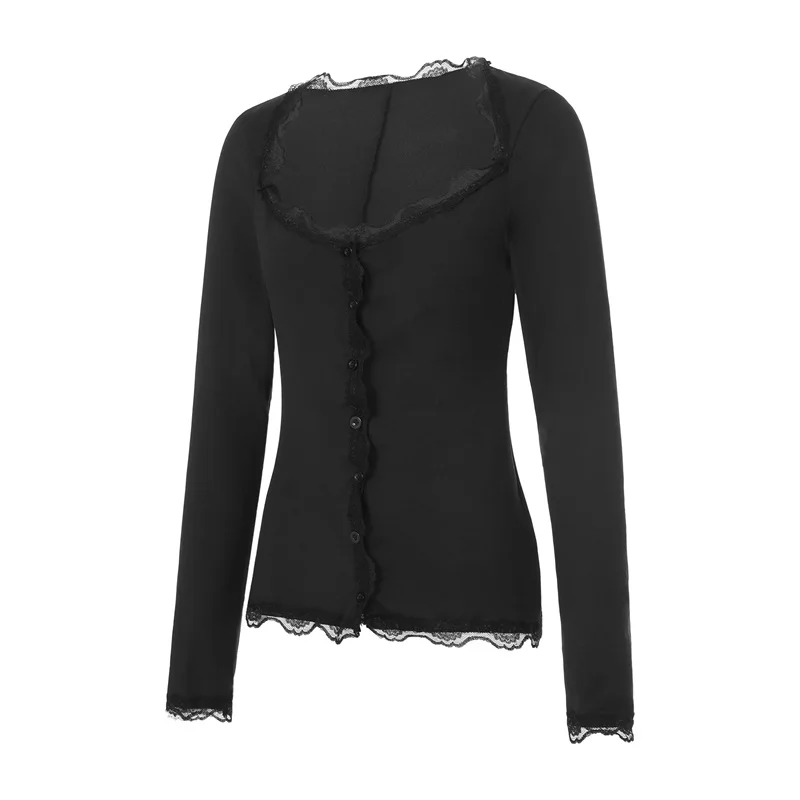 Coquette Shirt y2k Clothes Women Solid Color Lace Trim Single Breasted Long Sleeve Blouse Fairycore Clothing Streetwear