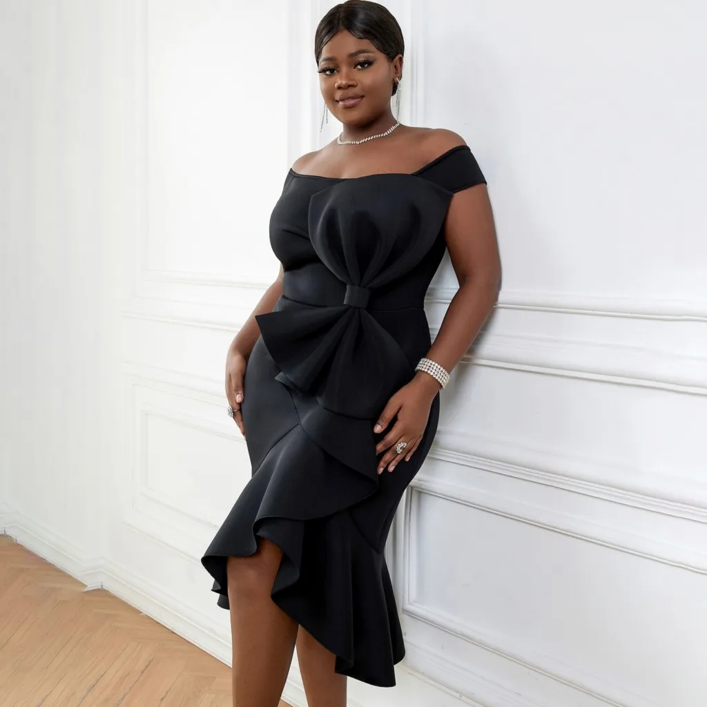 

Sexy Off Shoulder Ruffles Big Bow Bodycon Dress Party Dresses Women Evening Sleeveless Backless Slash Neck African Mermaid Dress